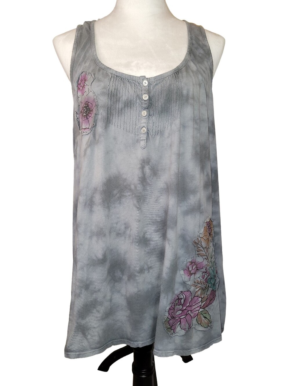 Mossimo Supply Co. Gray/Blue Tie Dye Floral Racerback Tank Top Size Large
